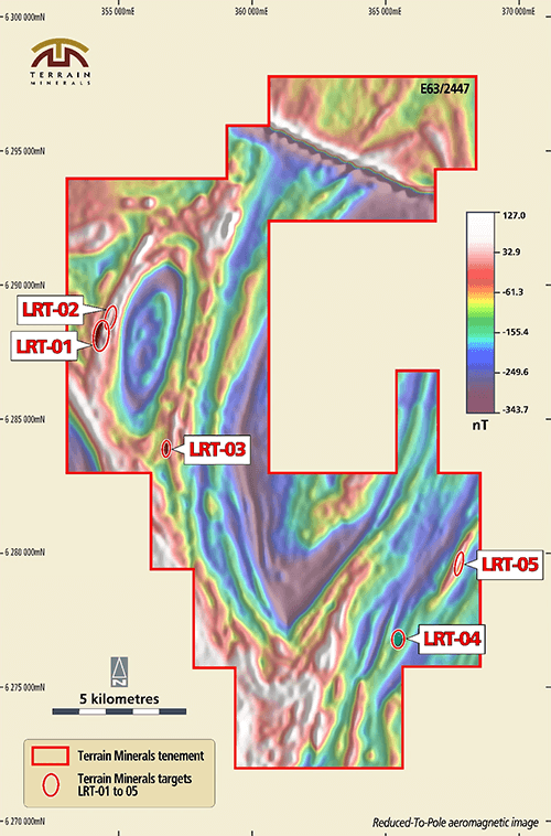 Diagram 3: Location of the five high-priority late-time bedrock conductors overlain on the (reduced to pole or RTP) aeromagnetic image acquired over tenement E 63/2447 by Terrain Minerals in May 2024. The Lort River “eye” feature is clearly visible within in the northwestern area. Notably, conductors LRT-01 and LRT-02 occur on the western edge of the “eye” feature at Lort River being in a similar position to the late-time electromagnetic conductors associated with Nova nickel-copper ore body.