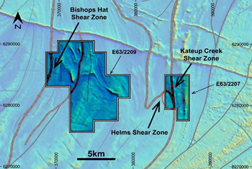 Diagram 6: E63/2207 and E63/2209 tenement boundaries (TMX 100%) overlaid on regional magnetics showing highly prospective regional shear zones and second order structures