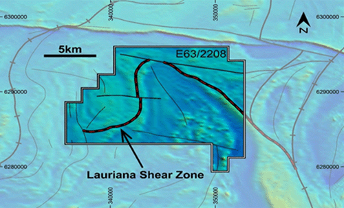 Diagram 5: E63/2208 tenement boundary (TMX 100%) overlaid on regional magnetics showing highly prospective Lauriana Shear Zone and second order structures