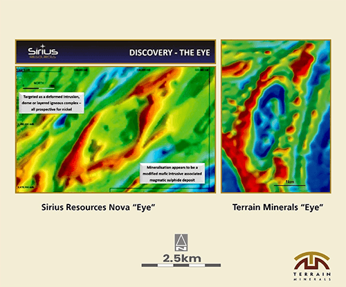 Diagram 2: Host geology of the Nova-Bollinger nickel-copper orebody appears as a very distinctive “eye” in the aeromagnetic data (left image).