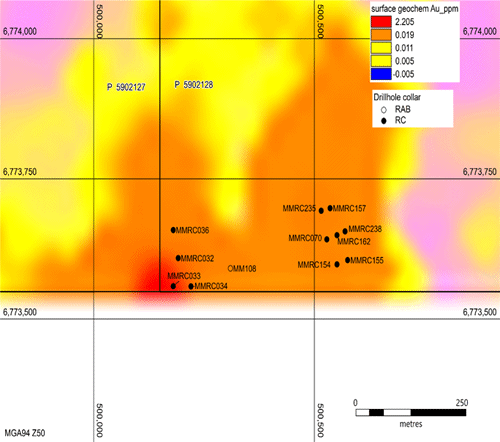 Figure 12: Monza and T13 target area drill hole location and soil gold geochemistry