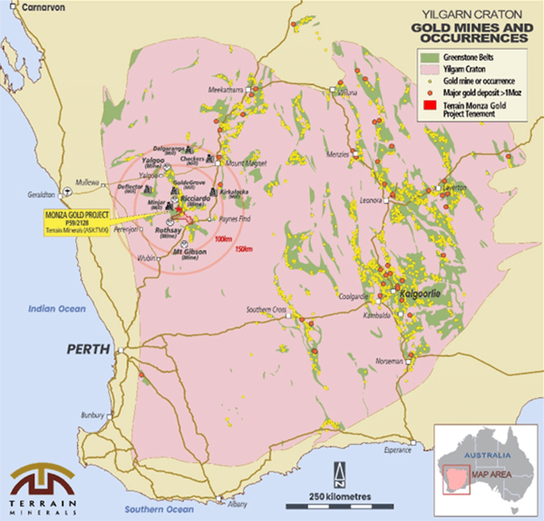 Location of Terrain’s Monza Gold Prospect within the Murchison gold region of Western Australia. Location of Terrain’s Monza Gold Prospect within the Murchison gold region of Western Australia.
