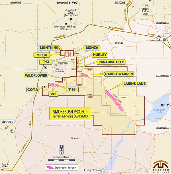 Smokebush project area map showing gold targets and the Larins Lane gallium project Smokebush project area map showing gold targets and the Larins Lane gallium project